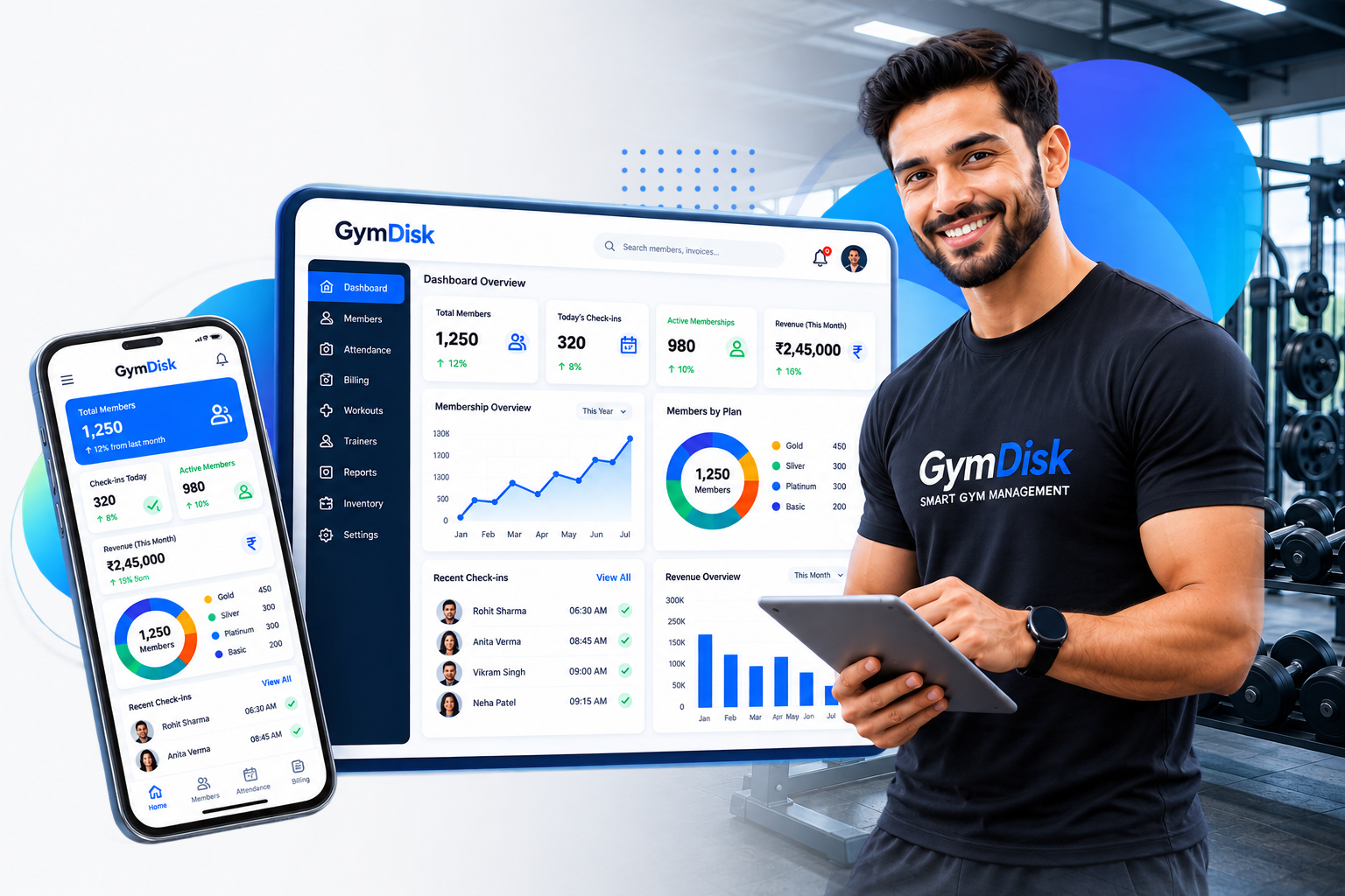 GymDisk Fitness Management Dashboard & Mobile Preview